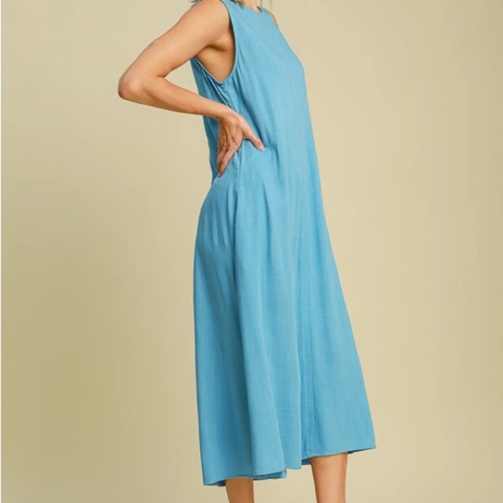 LAST TWO! 155 💕 Umgee Linen Sleeveless Blue Midi Dress - Picture 4 of 5